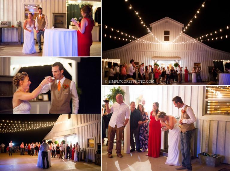 toasts to bride and groom at The Barn at Tatum Acres by Atlanta photographer