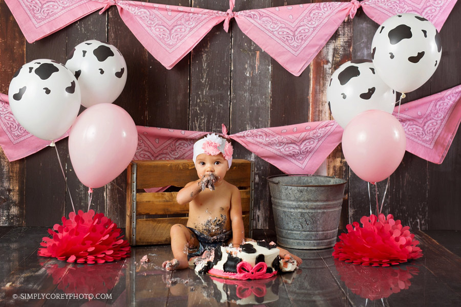 cow themed studio cake smash by Atlanta baby photographer