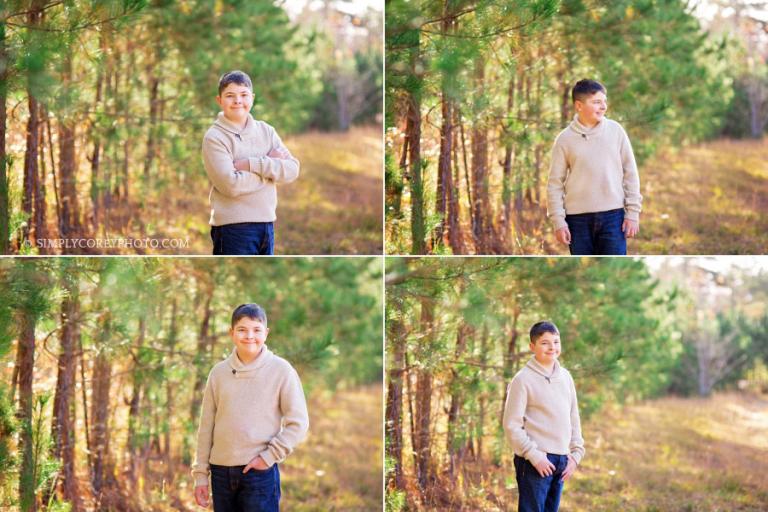 outdoor portraits of a tween boy in a field by Douglasville children's photographer