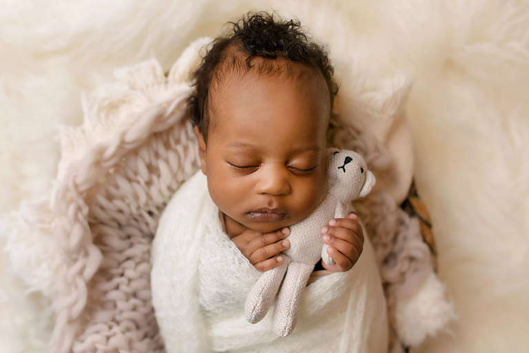 Dallas, Georgia newborn photographer, baby boy in neutral colors with teddy bear