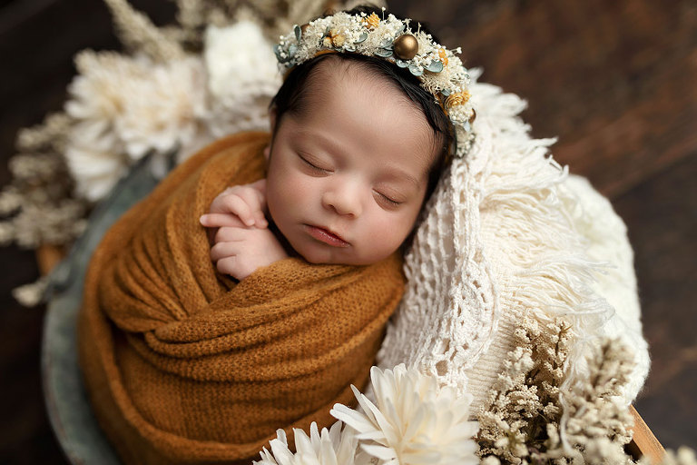 newborn photographer near Newnan, baby girl in mustard with flower crown