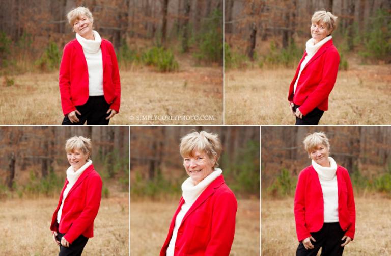 outdoor portraits of an older woman in red by Douglasville photographer