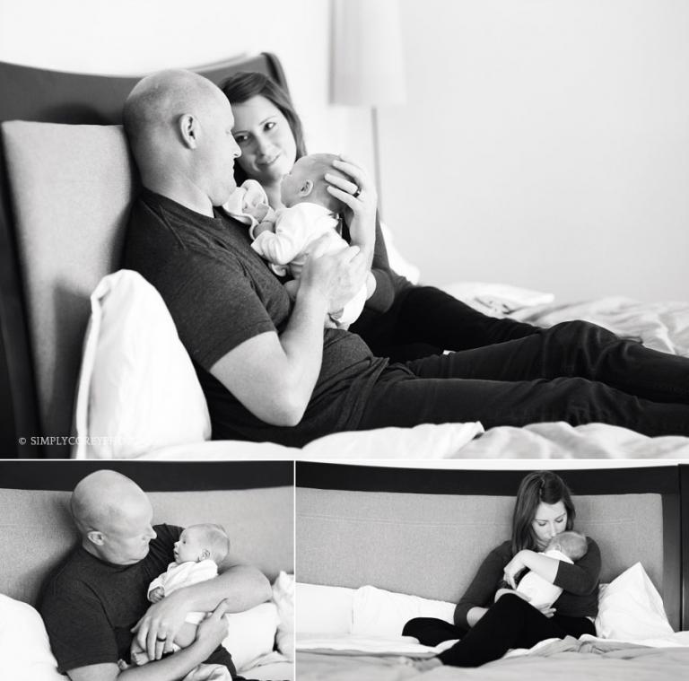newborn photography Atlanta, family on a bed with new baby