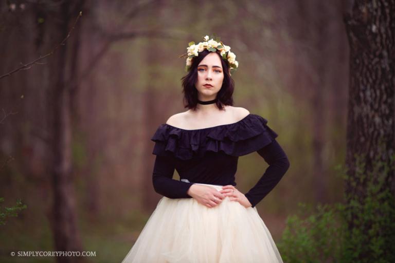 Atlanta senior portrait photographer, teen girl in flower crown and tulle skirt