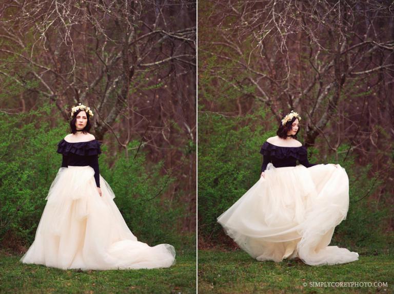 Atlanta senior portraits of a girl in a flower crown and blush tulle skirt