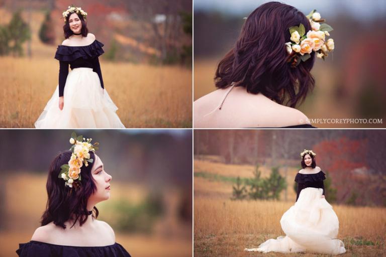 Carrollton senior portraits of a girl in a field wearing a tulle skirt and flower crown