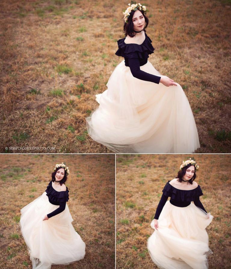 Douglasville senior portraits of a girl twirling a tulle skirt