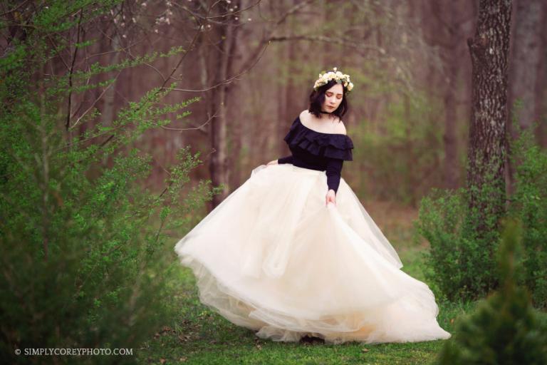 Newnan senior portrait photographer, girl in a tulle skirt outside in woods
