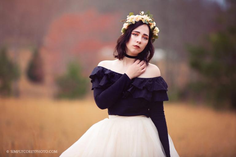 Villa Rica senior portrait photographer, girl in a golden field with a flower crown