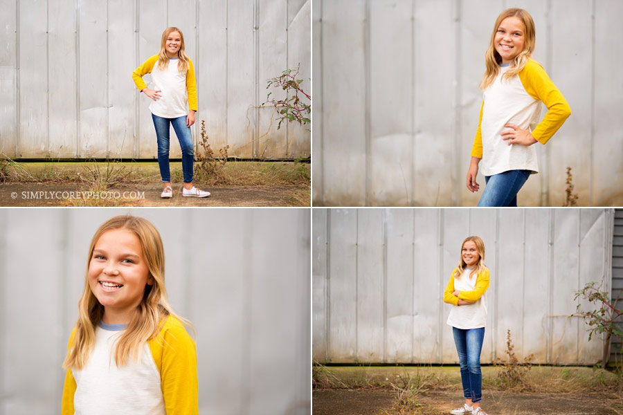 Atlanta child photography of a tween girl outside a barn in Carrollton, GA