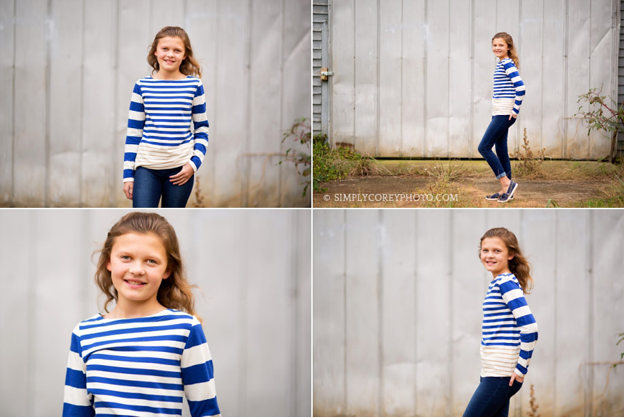 Carrollton child photographer, tween girl outside of a barn