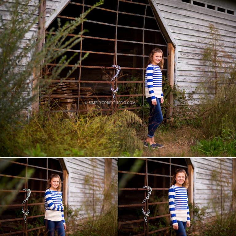 Villa Rica tween photography of a girl outside a barn gate