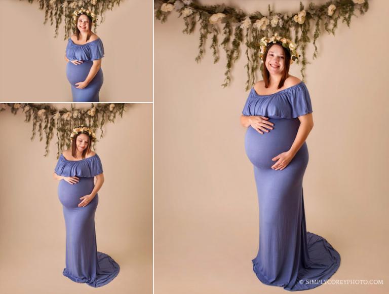 maternity photographer Atlanta, pregnant mom wearing a blue dress in studio