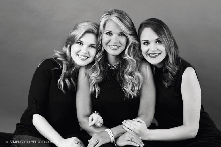 family photographer Carrollton, GA, mom and grown daughters in black and white