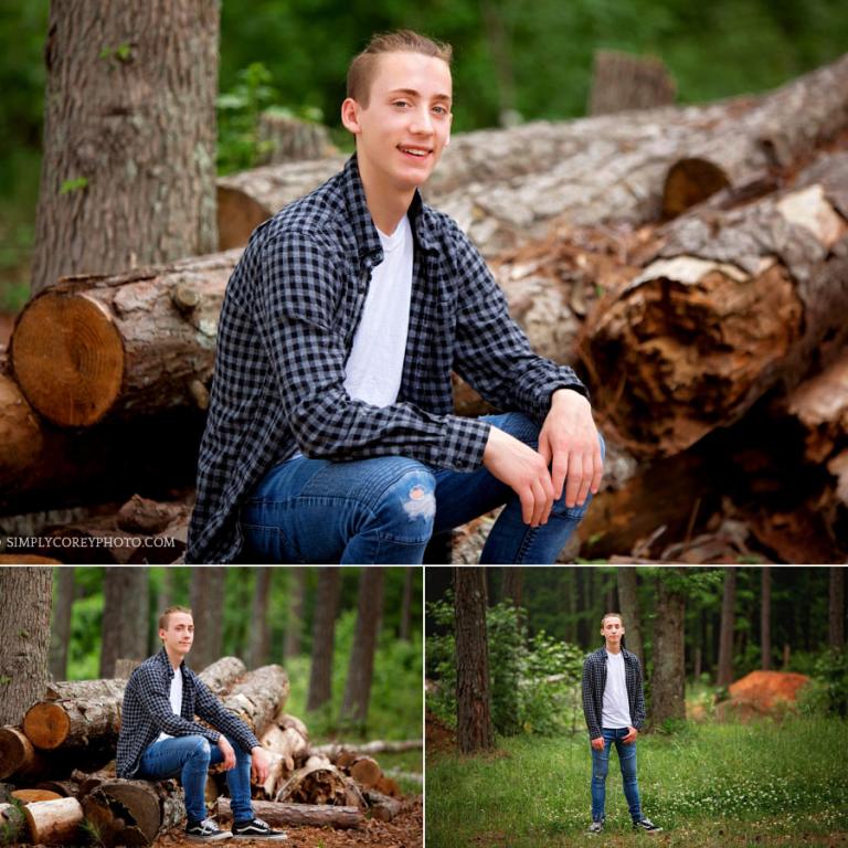 Bremen senior portrait photographer, teen boy outside sitting on logs