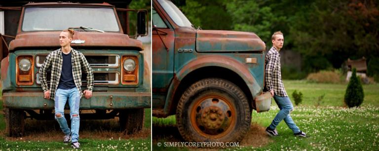 Newnan senior portrait photographer, teen guy with a vintage Chevrolet truck