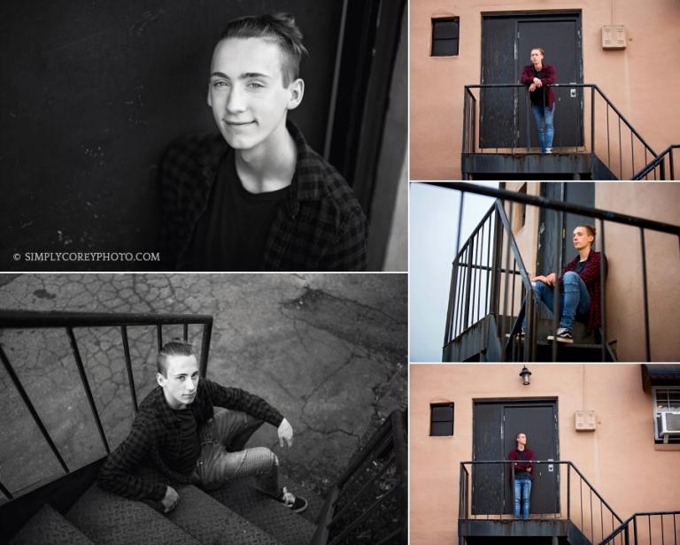 senior portrait photographer Carrollton, GA, teen boy on stairs