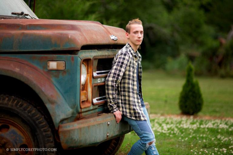 Villa Rica senior portrait photographer, teen guy with a vintage Chevrolet dump truck