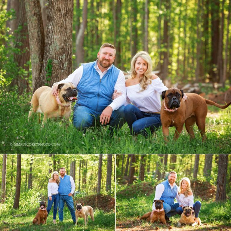 Douglasville family photographer, outside photos in grass with two bull mastiff dogs