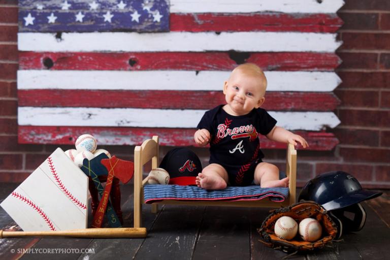 Atlanta baby photographer, baseball sitter session in studio