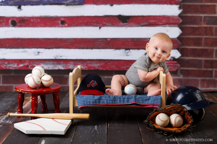 Villa Rica baby photographer, baseball sitter session in studio
