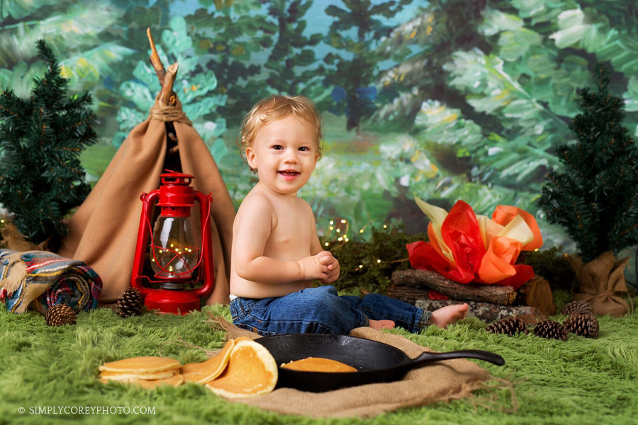 Atlanta cake smash photographer; first birthday camping theme with pancakes