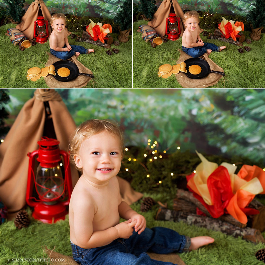 Newnan cake smash photographer, one year camping session with pancakes