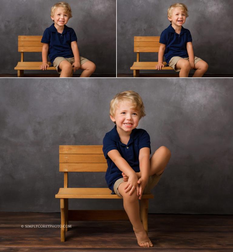 Bremen studio photographer, boy smiling on a bench
