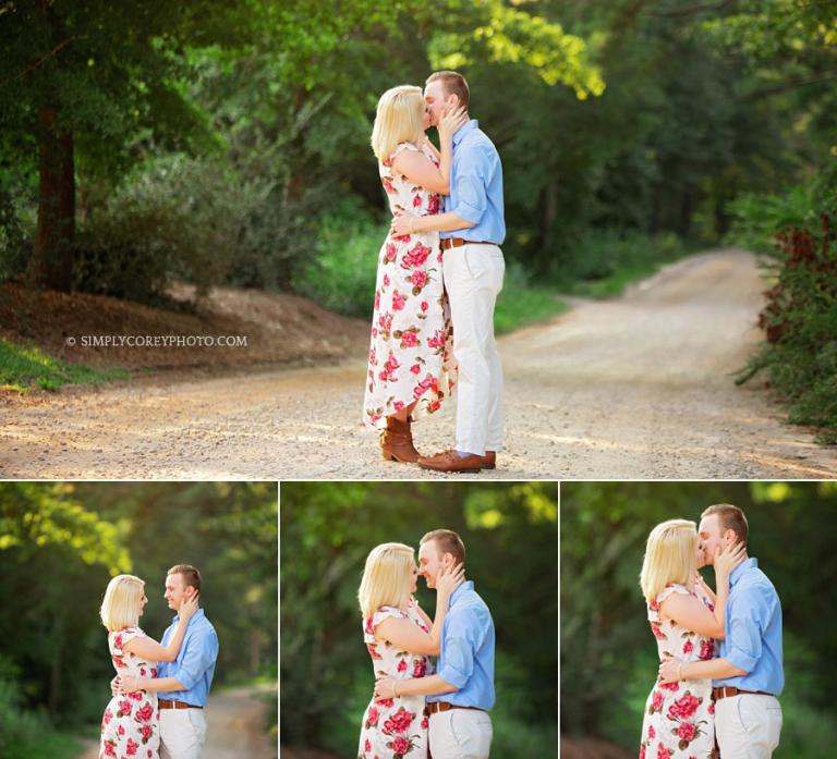 Atlanta anniversary photographer, couple kissing on country road