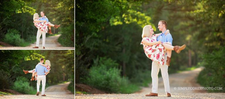 Newnan anniversary photographer, couple playing on dirt road