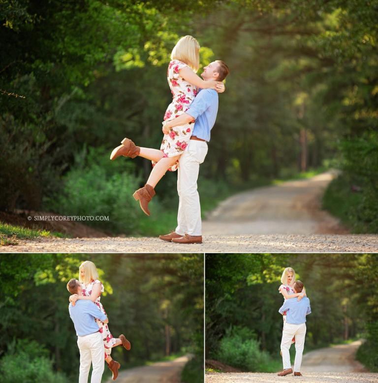 Villa Rica anniversary photographer, couple having fun on a dirt road