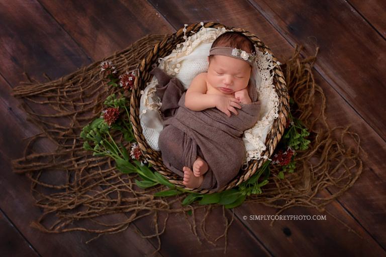 Atlanta newborn photographer, baby girl in a basket