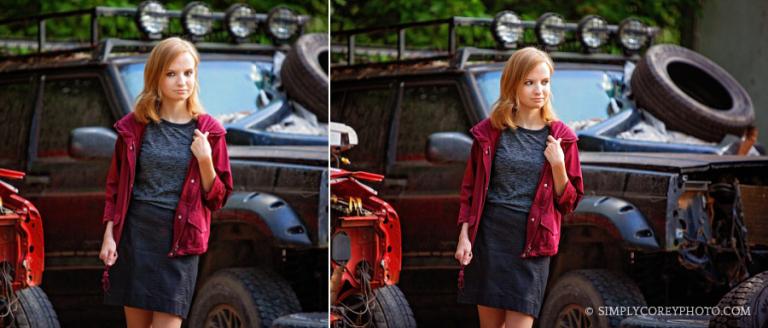 Bremen senior portraits of a teen girl by rundown jeeps