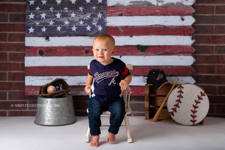 Atlanta baby photographer, one year session with an Atlanta Braves baseball theme