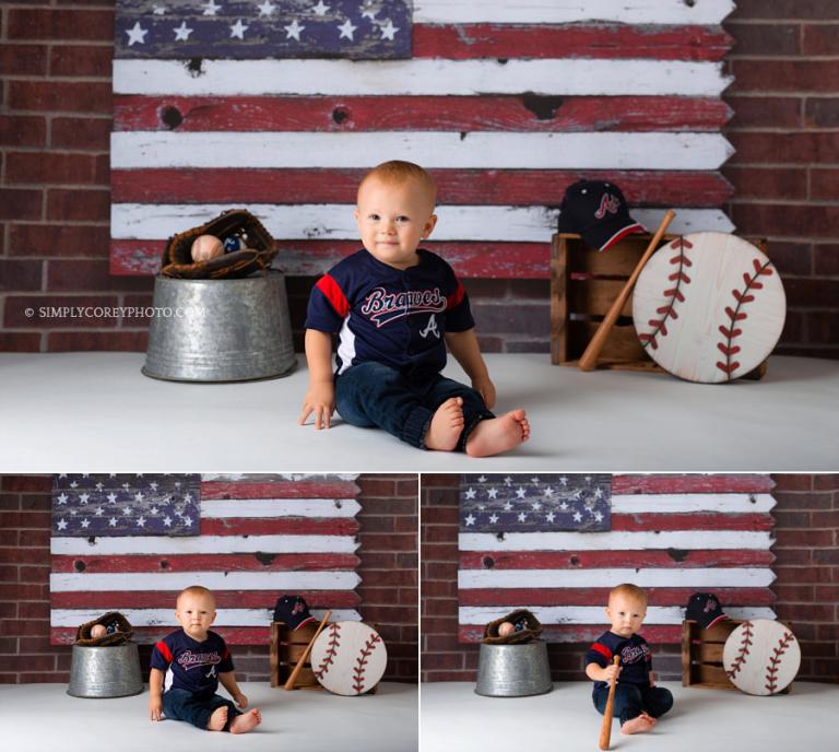baby photographer Douglasville, one year old boy with American flag and baseball