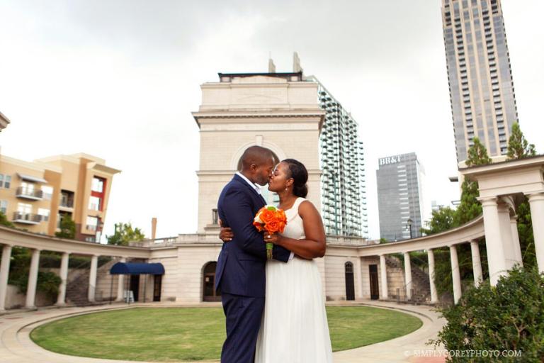 Atlanta elopement photographer, bride and groom on oval lawn at Millennium Gate