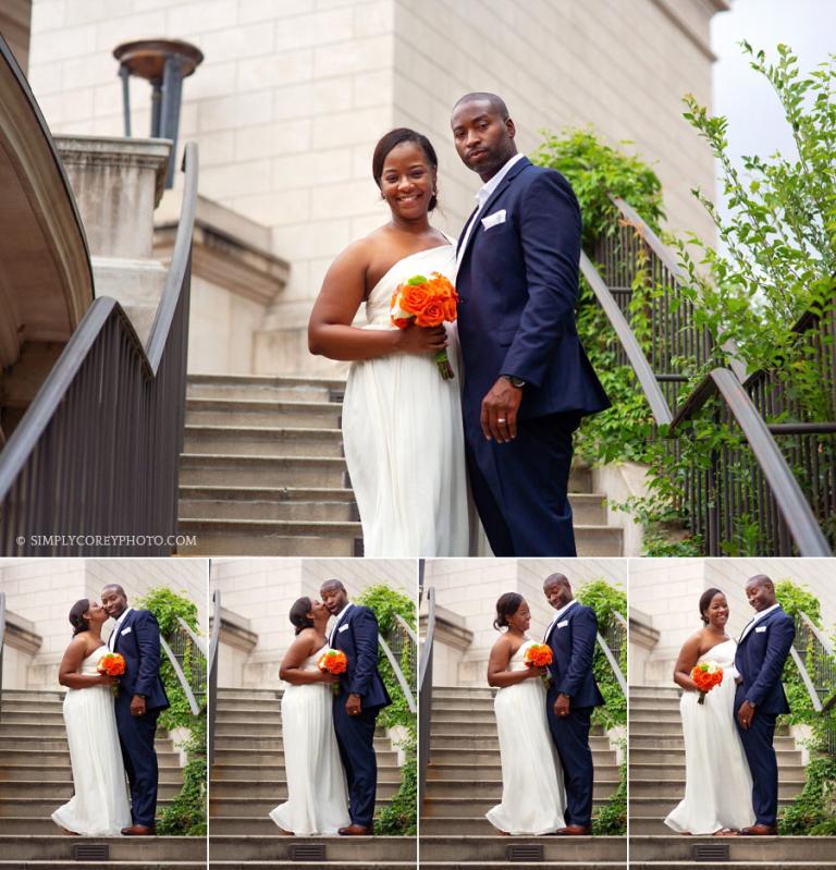 Atlanta elopement photography of bride and groom on steps of the Millennium Gate