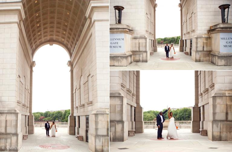 Atlanta wedding photography of bride and groom at Millennium Gate arch