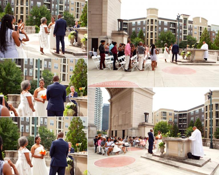 Atlanta wedding photography of mom giving bride away on Millennium Gate terrace