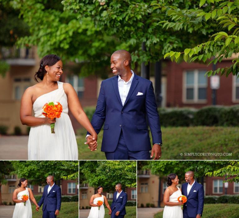 bride and groom walking in Atlantic Station Park by Atlanta elopement photographer
