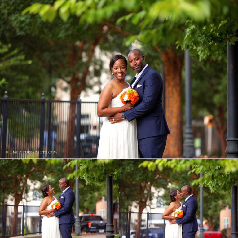 bride and groom in Atlantic Station Park by Atlanta elopement photographer