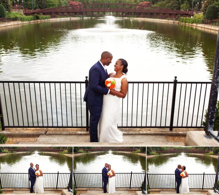 bride and groom by the Atlantic Station pond by Atlanta elopement photographer