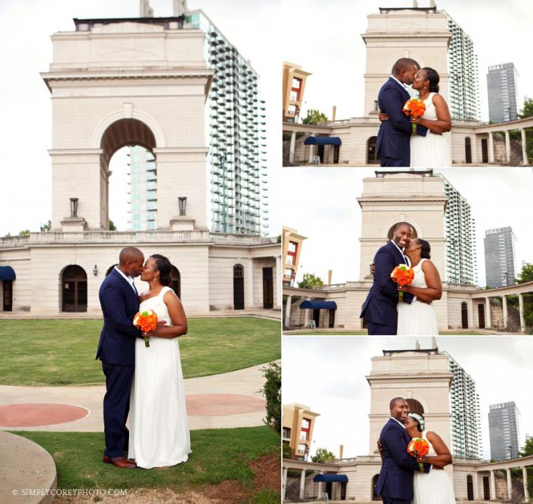Atlanta elopement photography of bride and groom on oval lawn at Millennium Gate