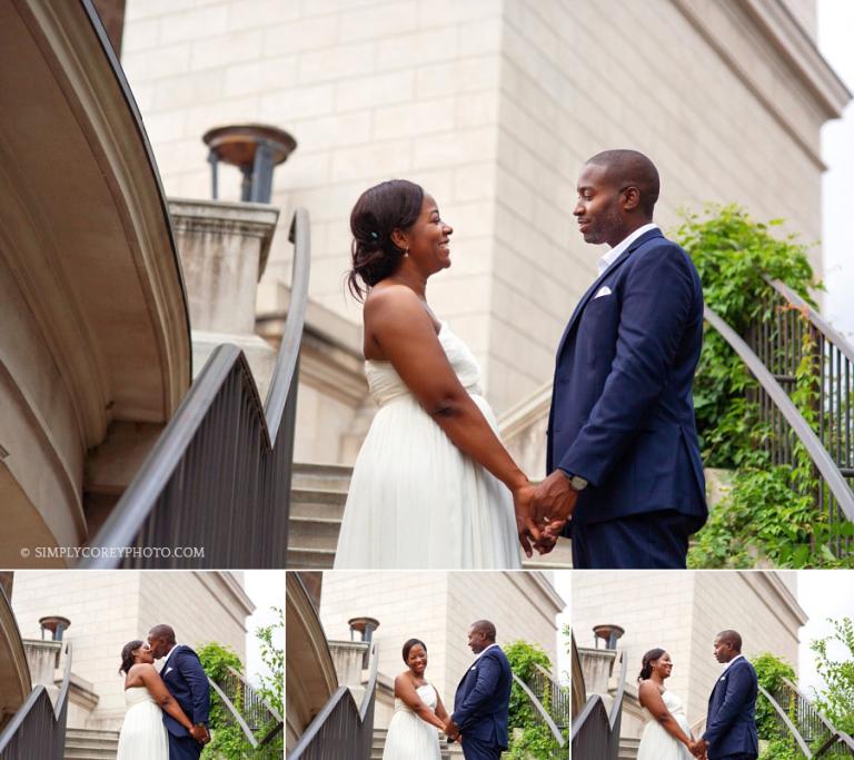 bride and groom on steps of Millennium Gate by Atlanta elopement photographer 