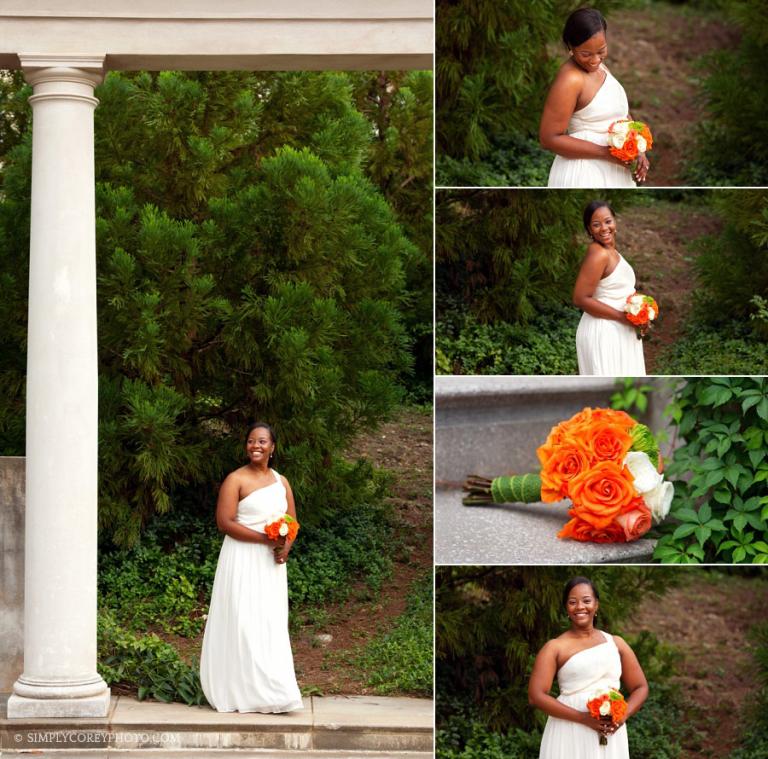 bride near oval lawn column at Millennium Gate by Atlanta photographer