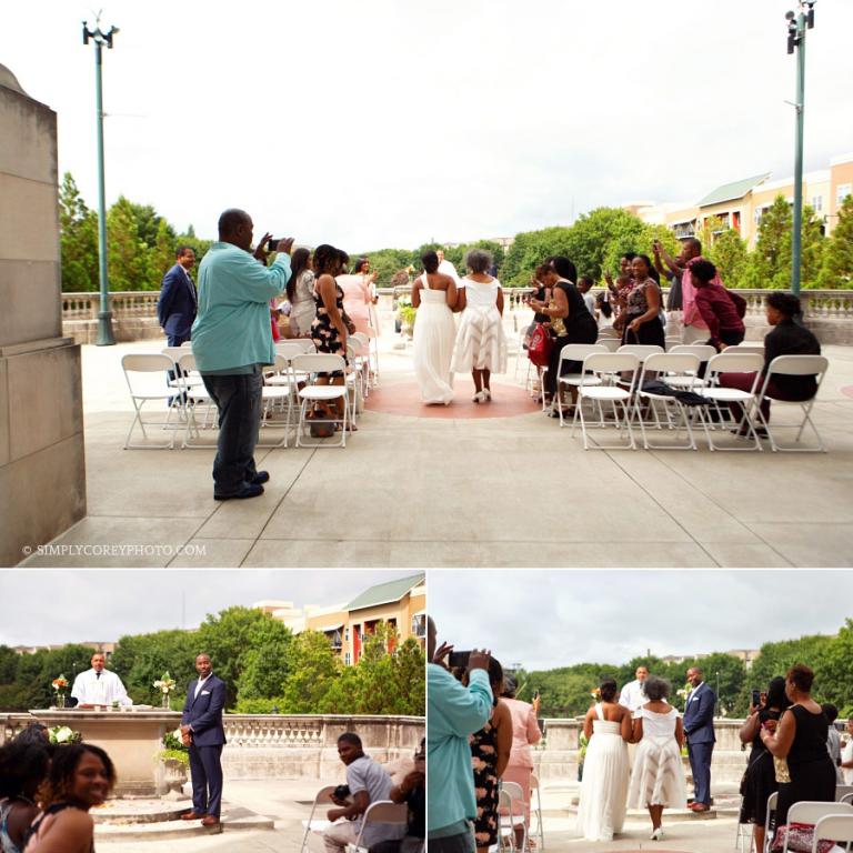 first look during ceremony at Millennium Gate by Georgia wedding photographer