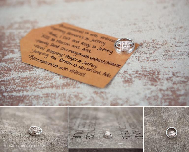 wedding rings on top of the order of ceremony by Newnan wedding photographer