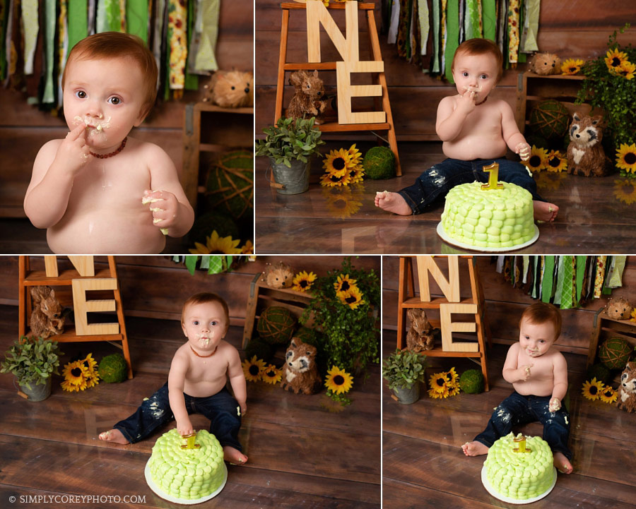 cake smash photographer Atlanta studio woodland theme