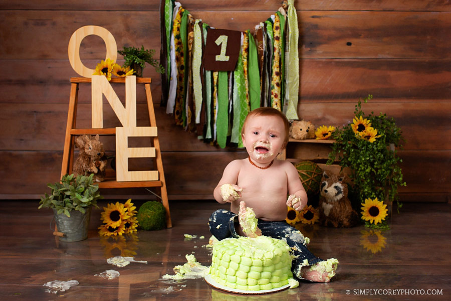 cake smash photographer near Villa Rica, boy crying with green cake