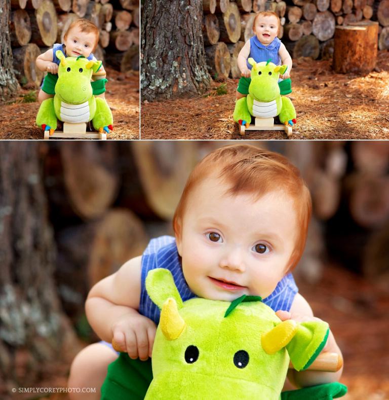 Douglasville baby photography of a boy outside on a rocking dragon